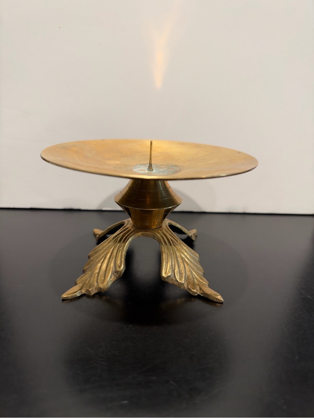 Vintage Brass Pillar Candle Holder with Ornate Leaf Pedestal Base